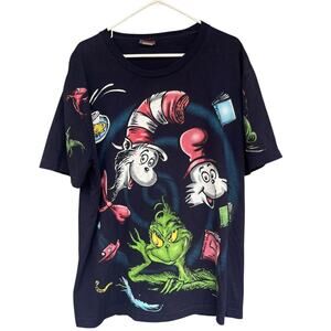 Vintage Dr. Seuss Shirt Womens 2X Navy Grinch Cat in the Hat Made USA 90s